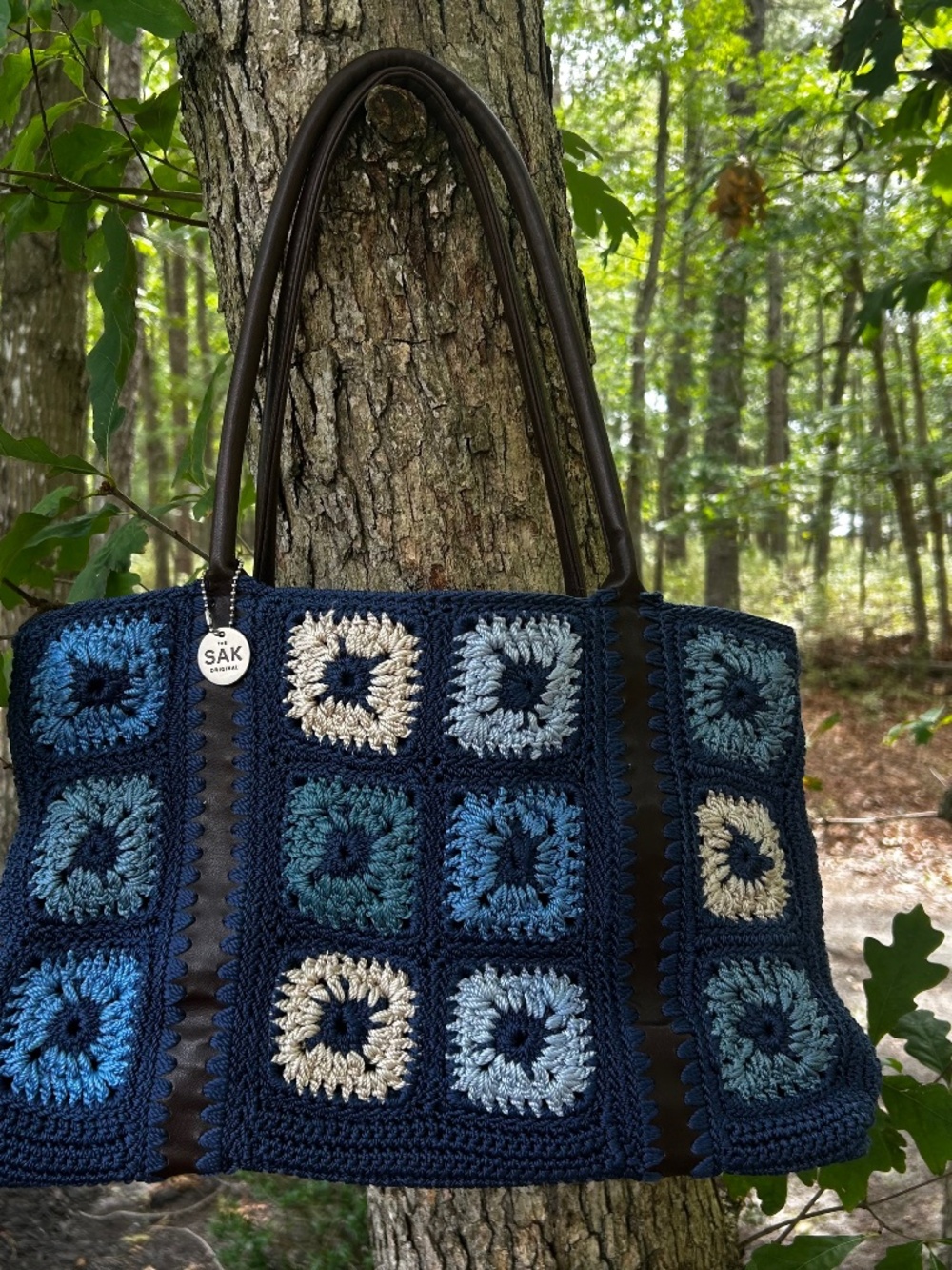 Vintage The Sak Crochet Granny Square Tote Bag - Blue Patchwork Boho
